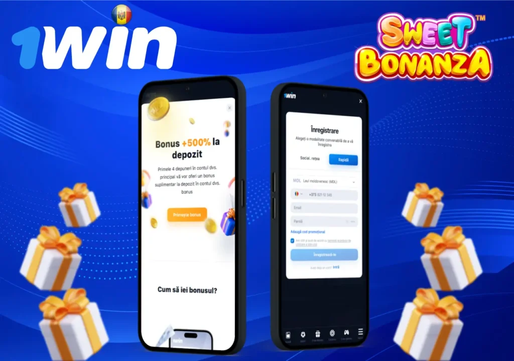 Două telefoane afișând oferta de bonus de bun venit 1Win de +500% și formularul de înregistrare