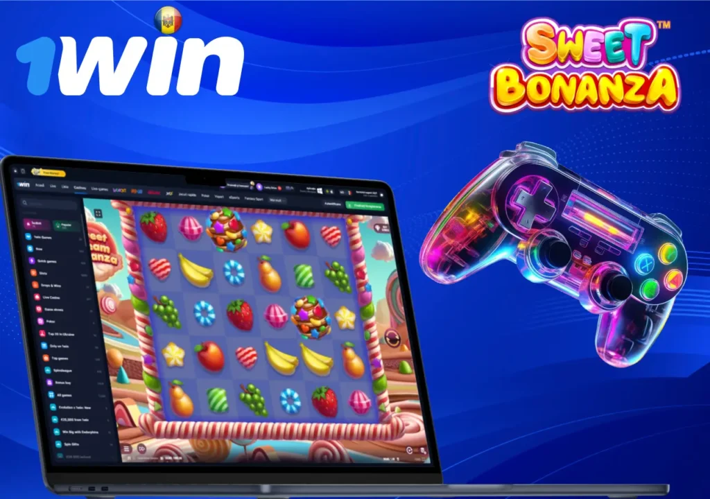 Laptop cu interfața jocului de cazino Sweet Bonanza de pe platforma