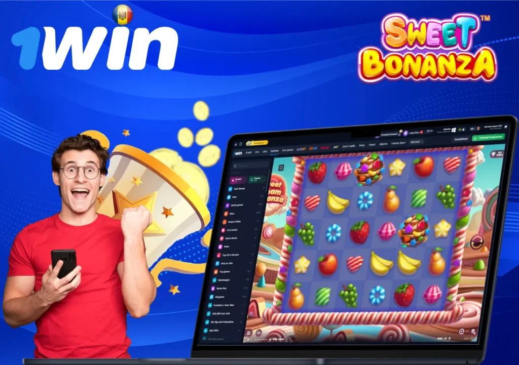Bărbat entuziasmat lângă laptop care afișează jocul Sweet Bonanza în 1Win